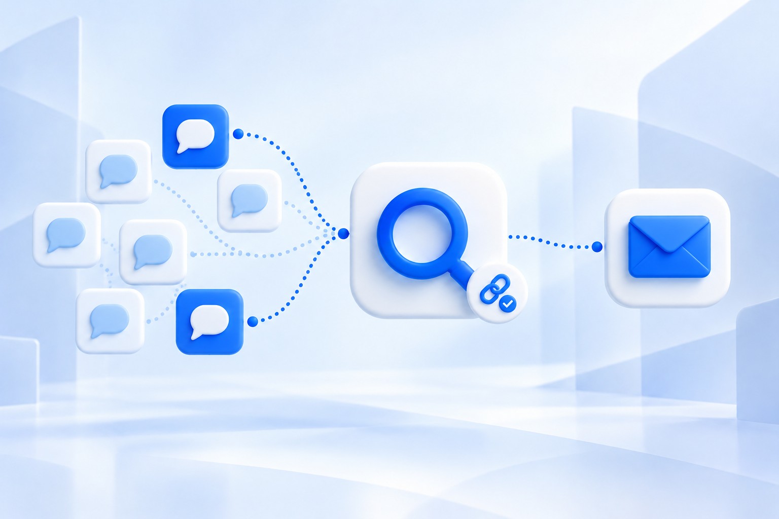 Message bubbles, two of them bright, run into a magnifying glass with a checked link, then on to one email.