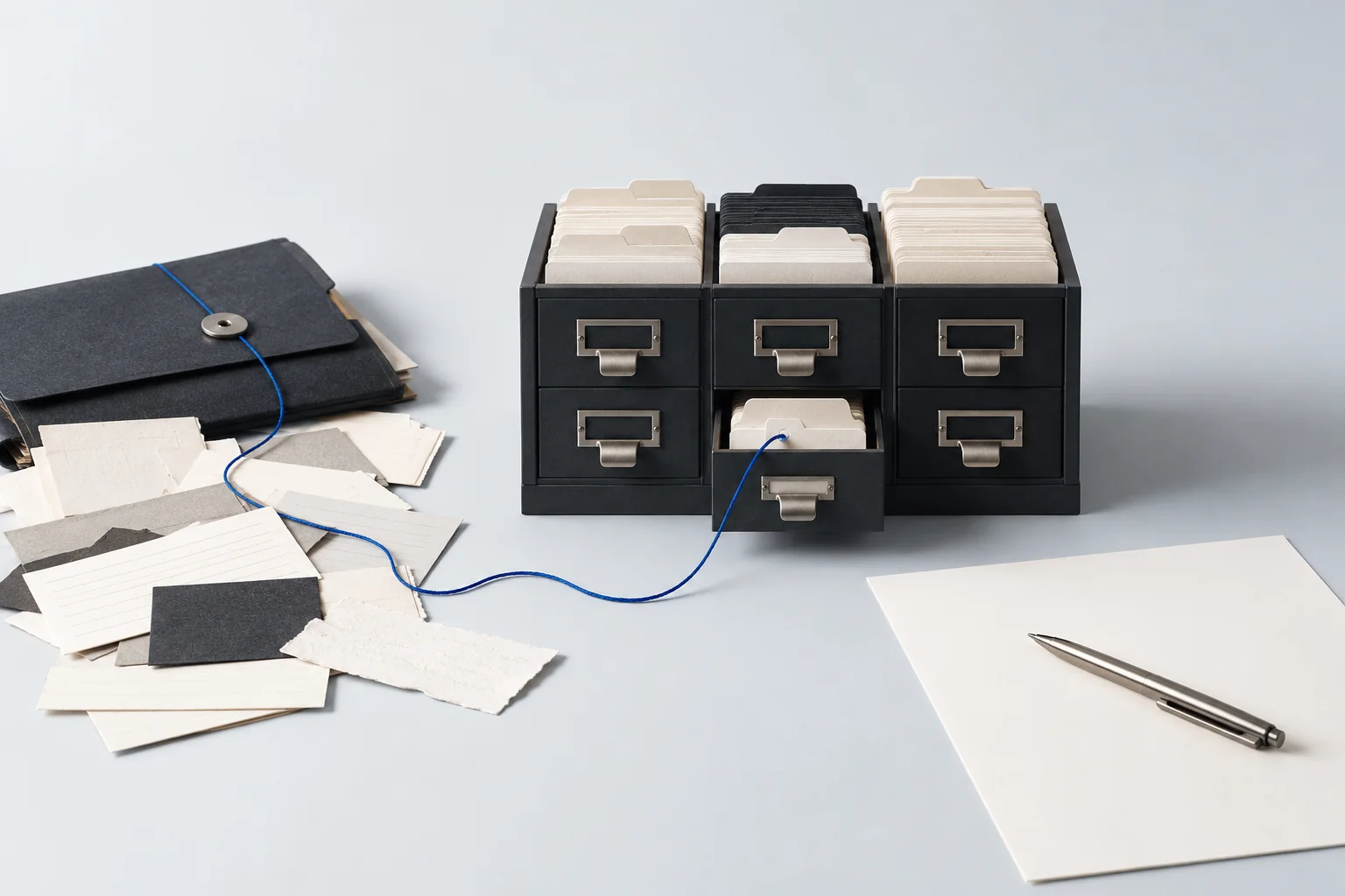 A card catalogue with one drawer open, loose papers and a blank page, joined by a blue thread.