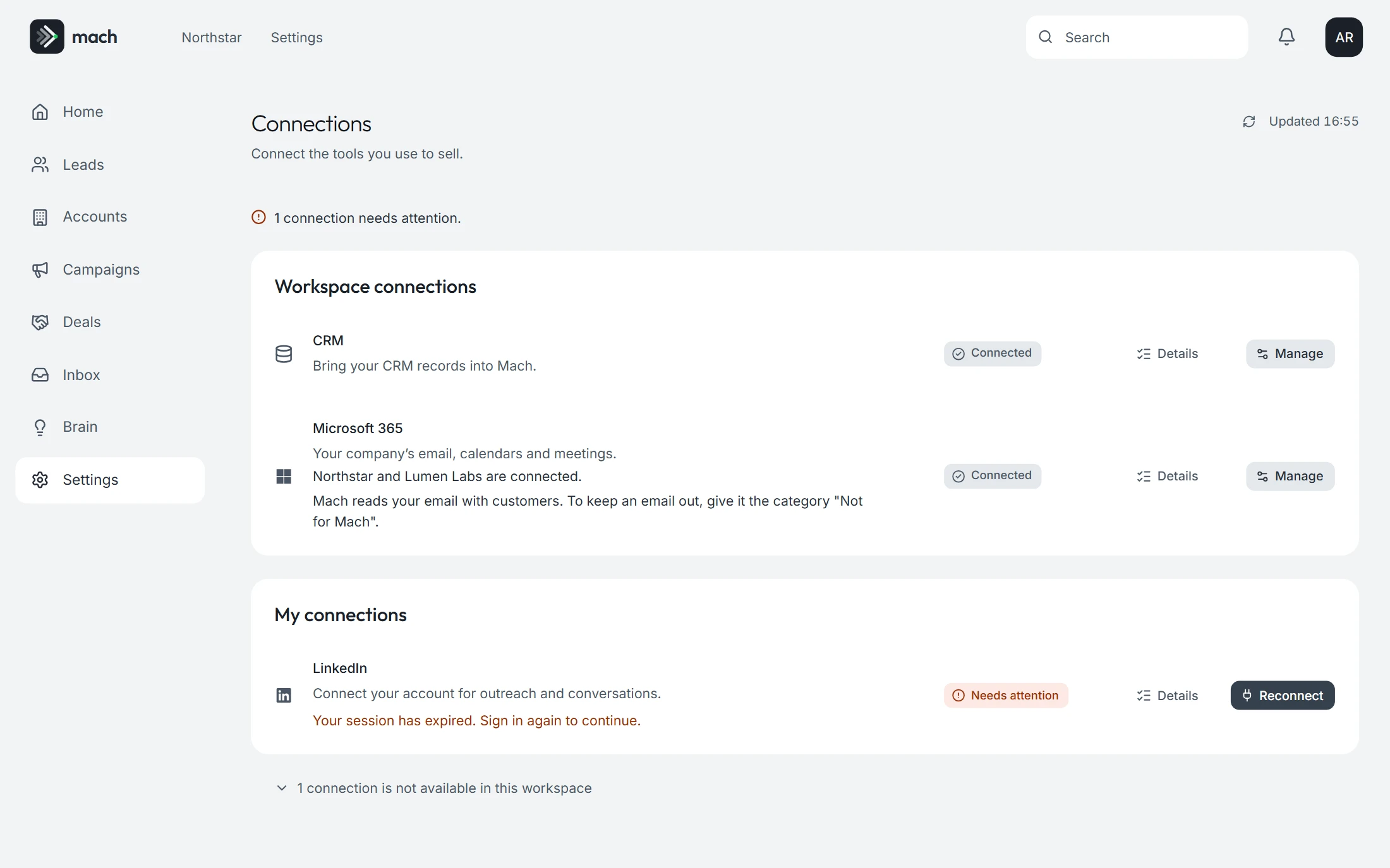 Connections at Northstar: your CRM, the sending domain, WhatsApp, Microsoft 365 and the note-taker, each with its state.
