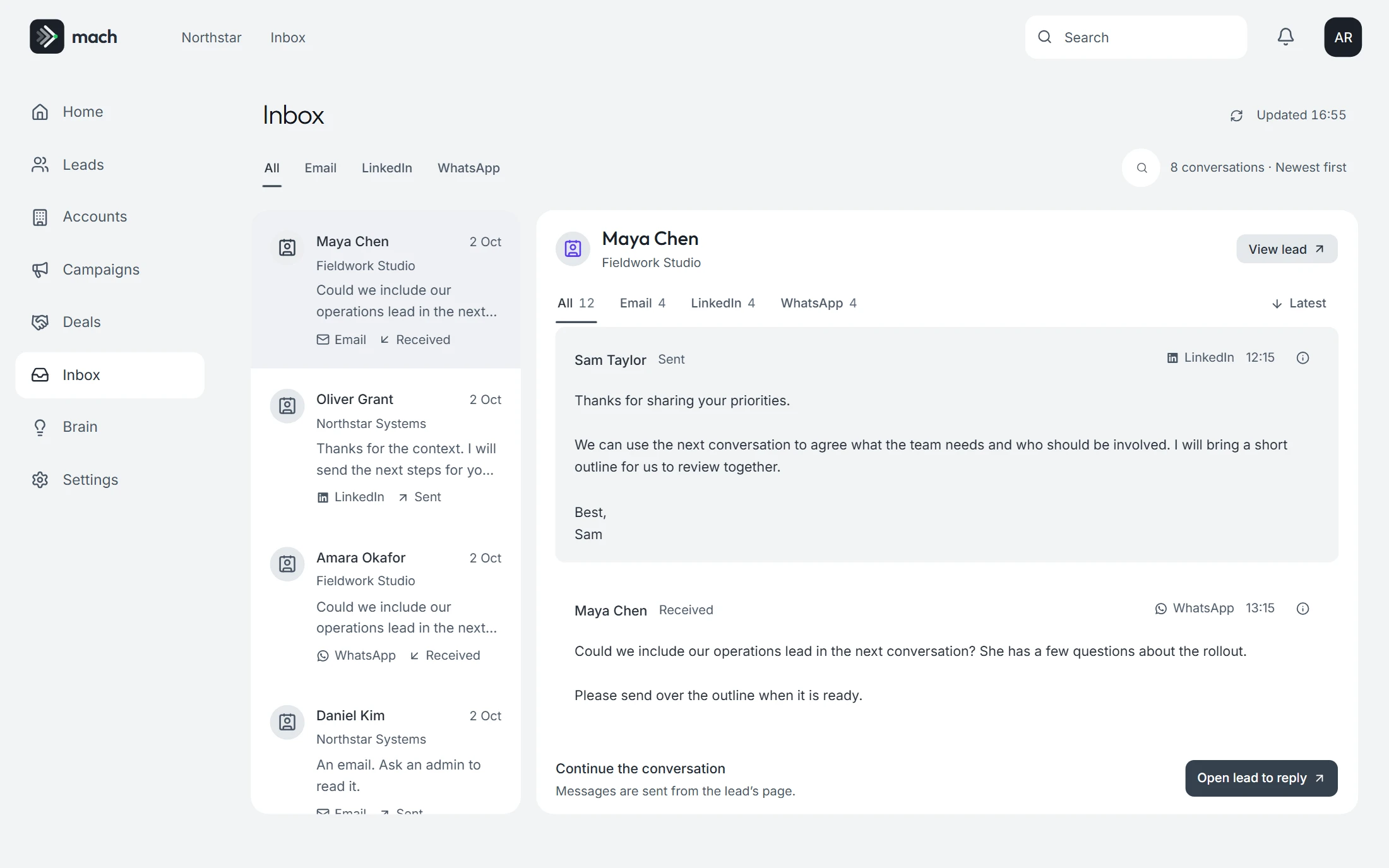 Mach's Inbox with sample conversations across email, LinkedIn and WhatsApp.